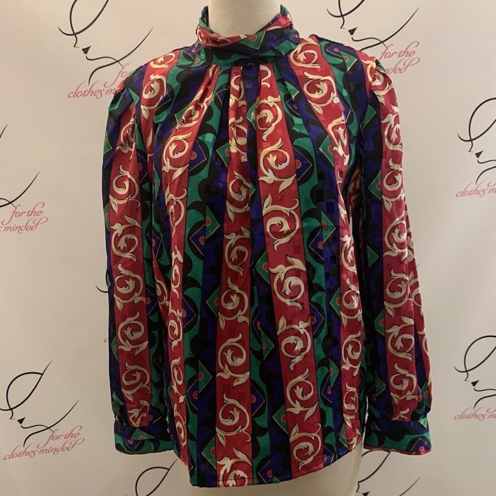 1980's Vtg Laura & Jayne. Sz 8. Vibrant  Baroque Print Blouse. Back Closure. B41